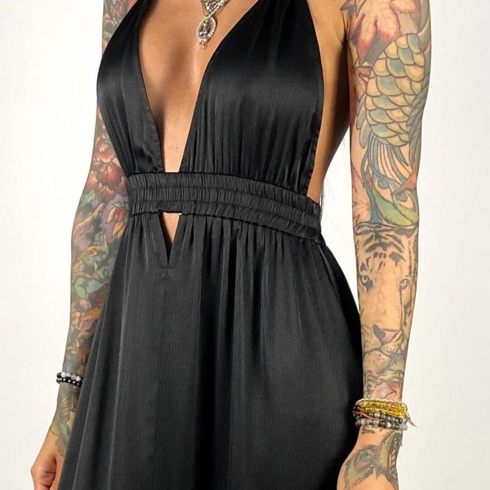 Black Plunge Halter Maxi Dress – Cutout, Open Back, Going Out Fit Size L